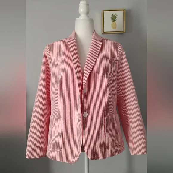 Talbot's Pinstripe Blazer Color White And Coral 2 Pockets Size 16 P Buttons New - Picture 1 of 9